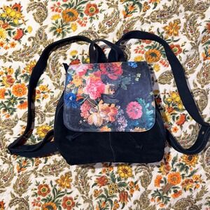 Vintage 90s Victorian Trading Co Black Suede Leather Floral Print Backpack Bag